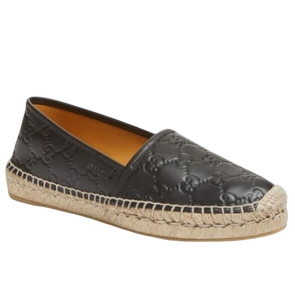 Gucci Pilar Leather Espadrille Flats | Gg Embossed Black | Women’s Size 39